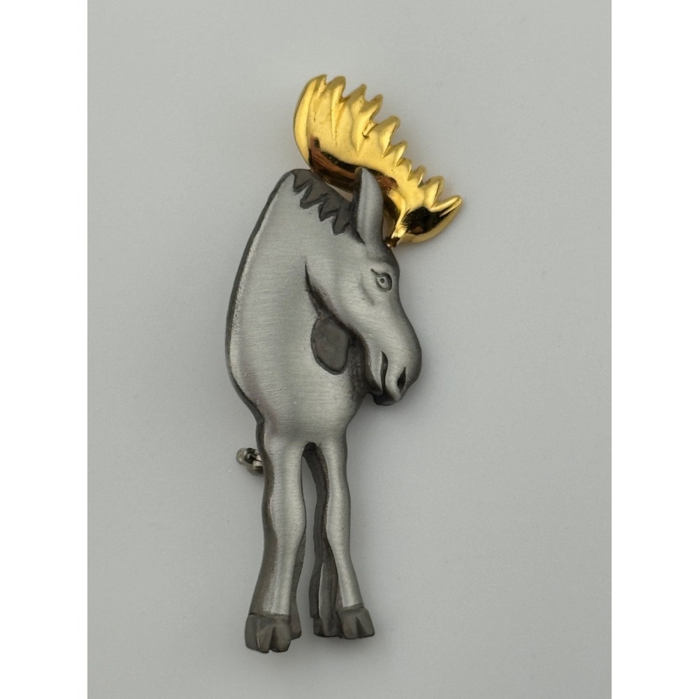 Shields‎ Signed Moose Brooch Pewter Gold Tone Metal Animal Figural Pin